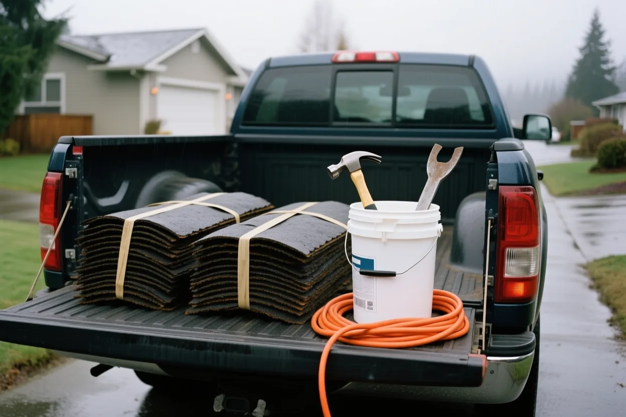 Roofing materials and tools laid out on a pickup truck bed