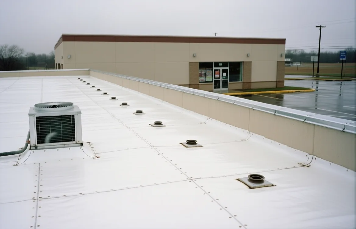 A white TPO commercial roof with an HVAC curb and drains