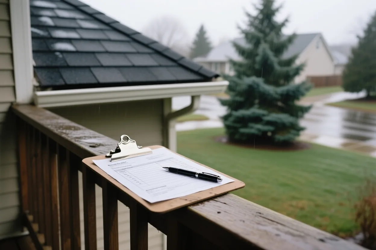 A clipboard with an estimate form resting on a porch rail with a roof behind
