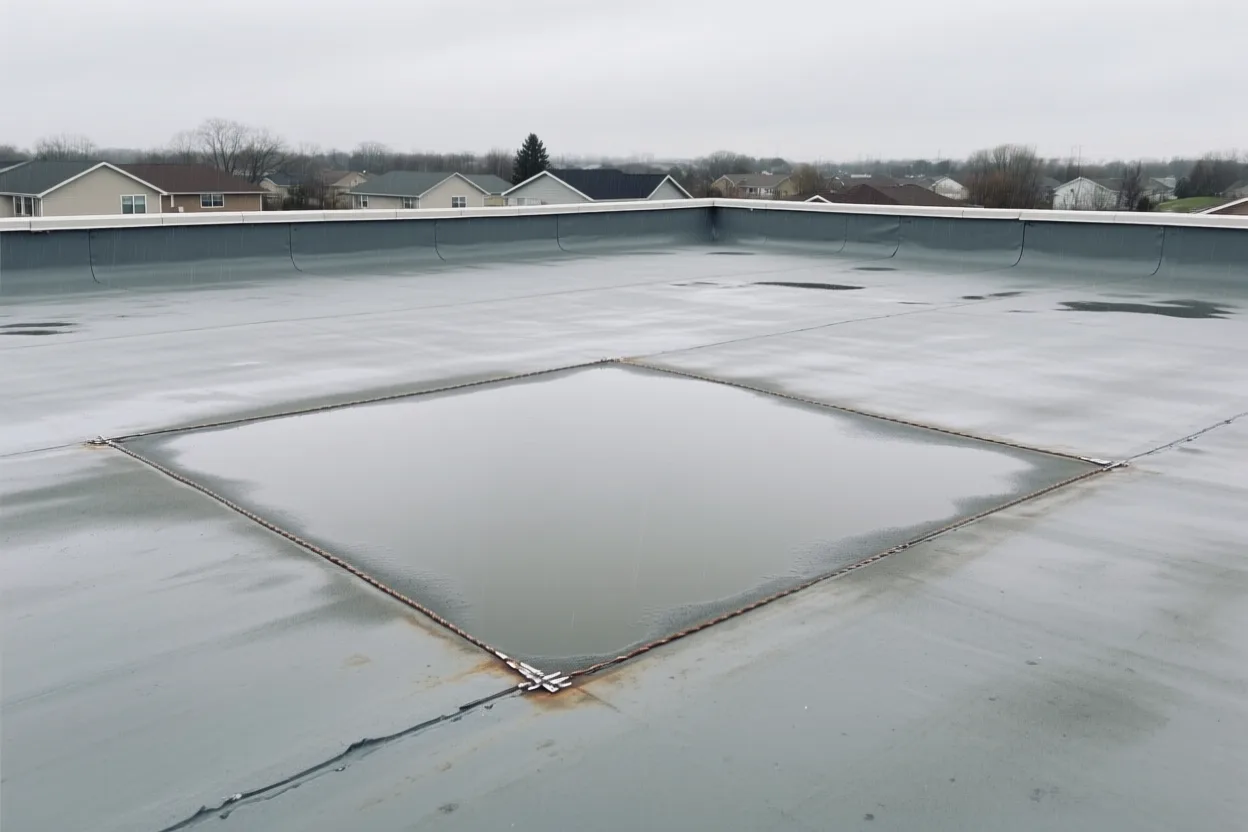 A flat membrane roof with seams, a drain, and a vent boot