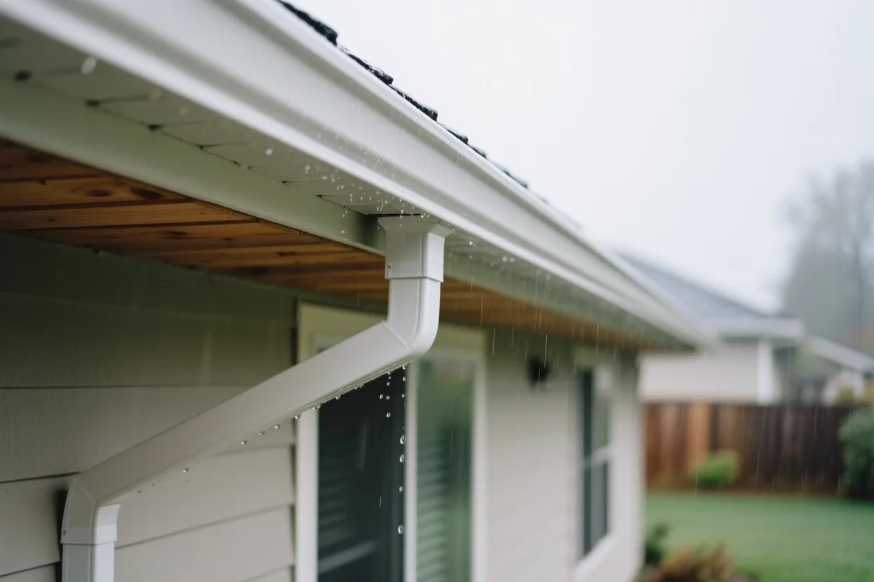 A new seamless aluminum gutter and downspout on a rambler eave