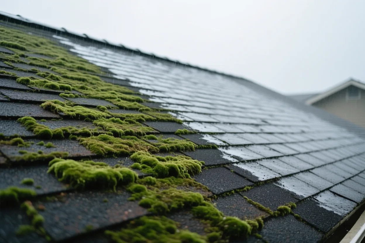 A moss-covered roof slope with a cleaned section and a zinc ridge strip