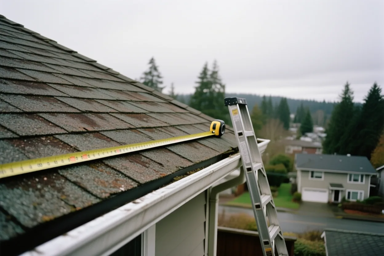 A roof inspection view from a ladder at the gutter line