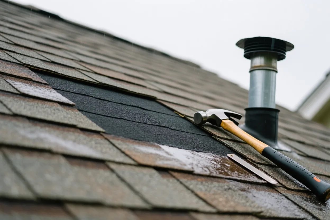 New shingles woven into an older roof field around a vent pipe